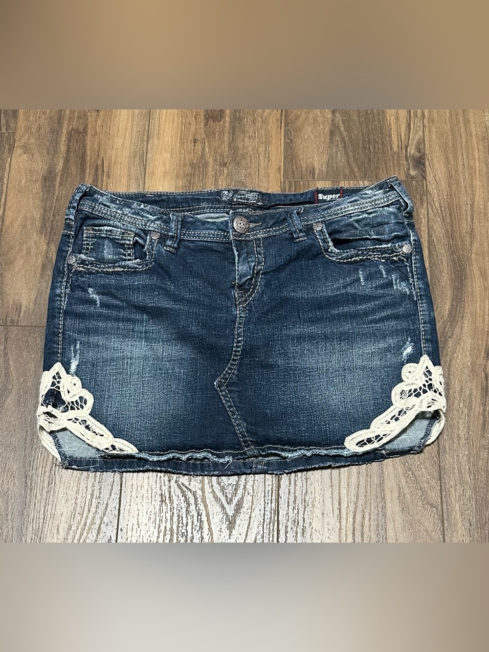 Silver Jeans France Denim Mid Mini Skirt W 31 Lace Sides Super Stretch